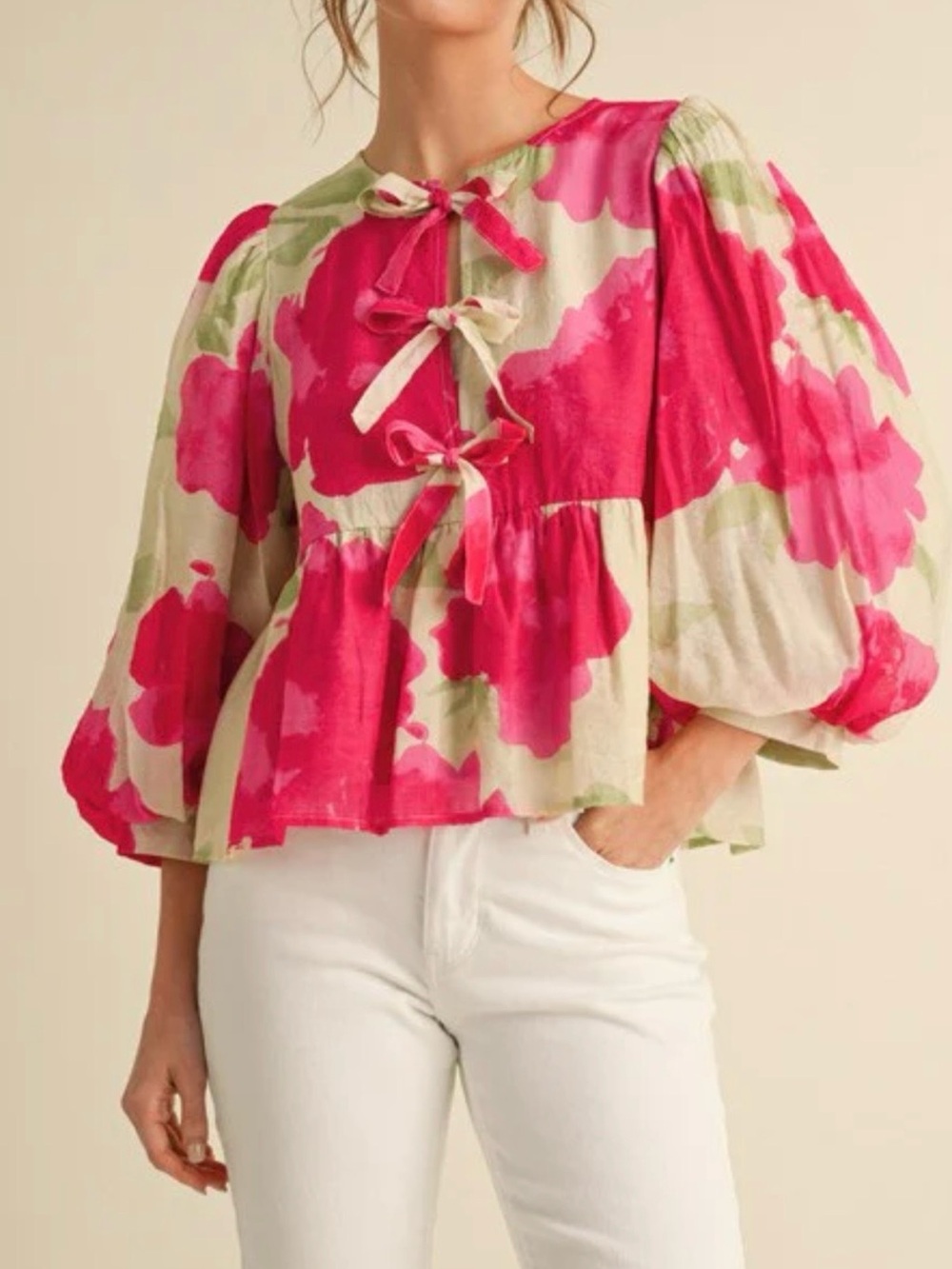 JODIFL Sweet Reminder Floral Bow Tie-Front Peasant Blouse Size Large NWT